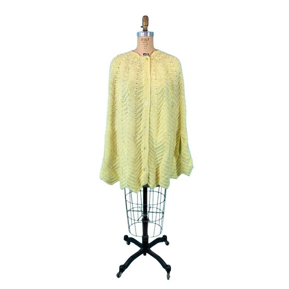 Vintage 1960s Crochet Cape Yellow Chevron Knit Button Down Sweater - Picture 2 of 10